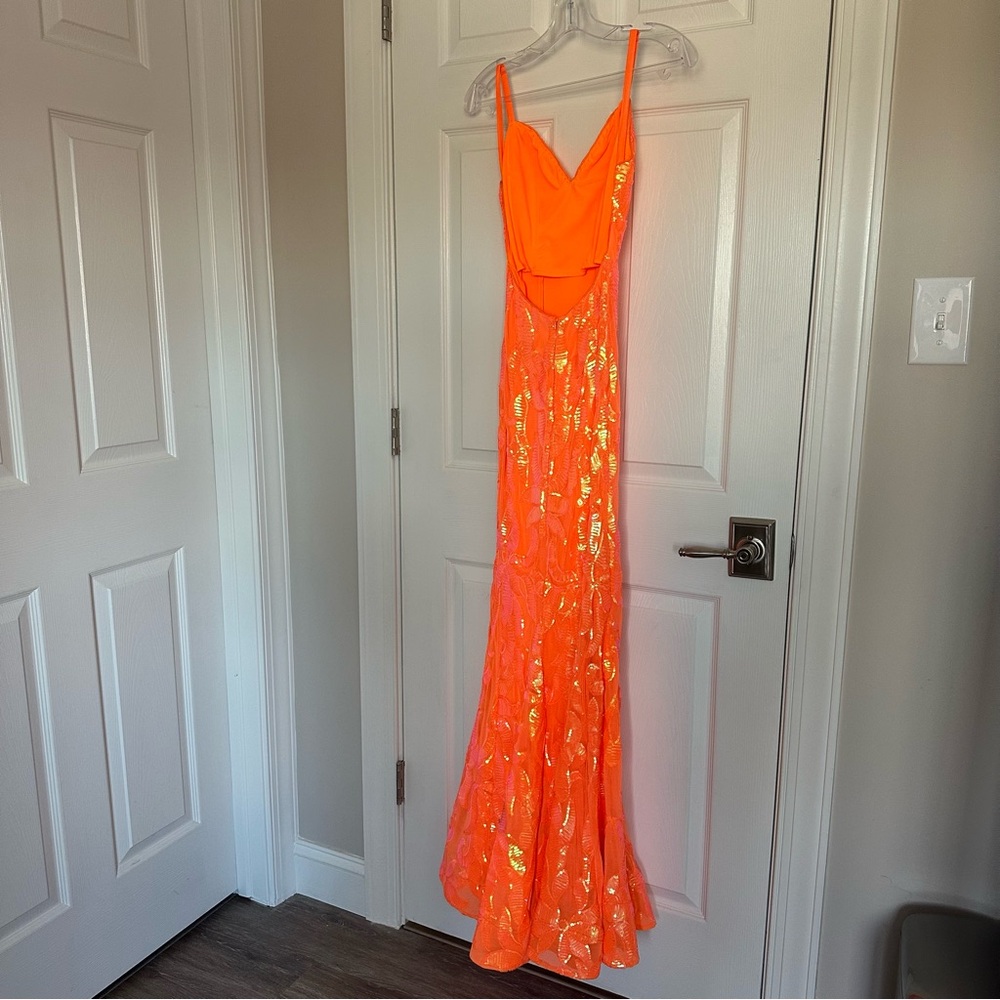 Jovani Neon Orange Sequin Mermaid Prom Dress - Picture 4 of 14